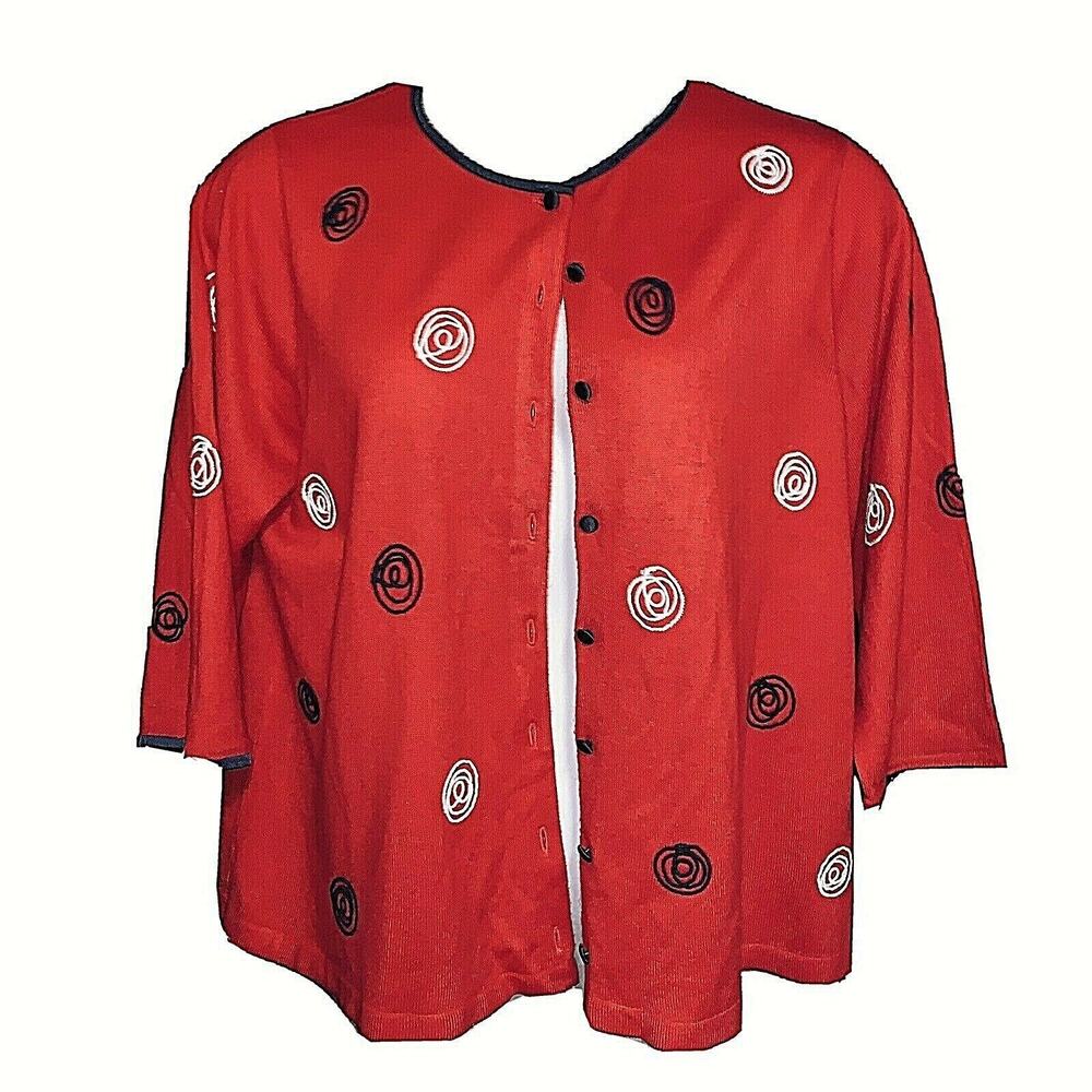 C D Daniels 1X Sweater Red w Black White  Embroidery Coverd Buttons 3/4 Sleeve